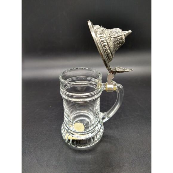 Miniature Beer Stein BMF Schnapskrügerl 4” Clear Glass & Pewter Lid West Germany - Picture 8 of 10